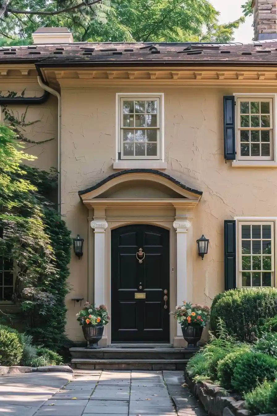 Tan house with bold black front door