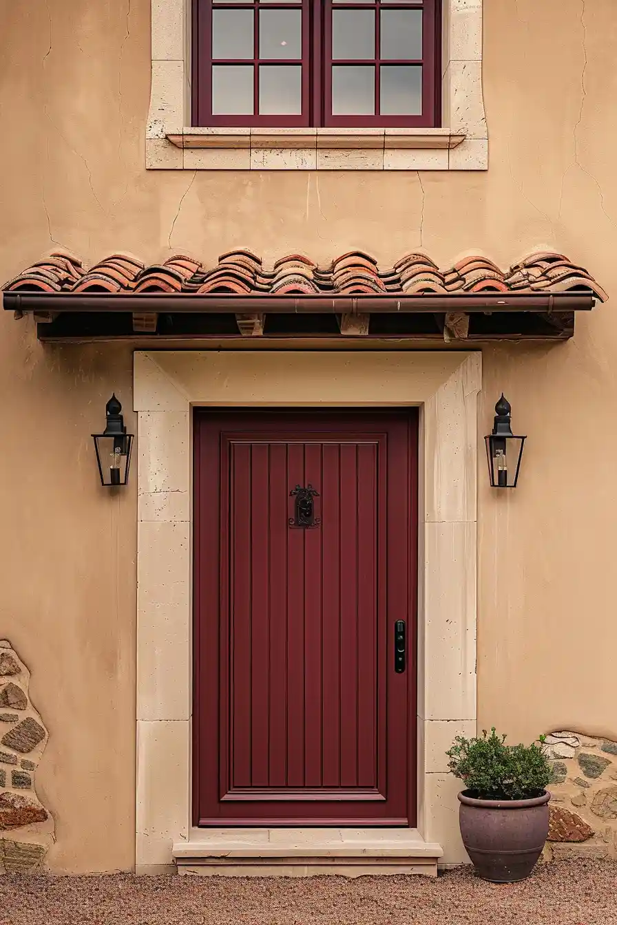 Burgundy front door on tan house