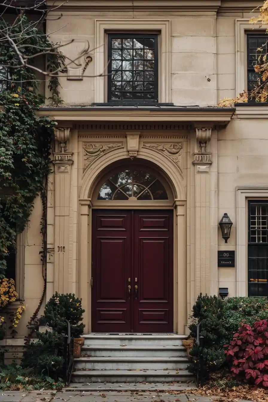 Tan house with burgundy front door