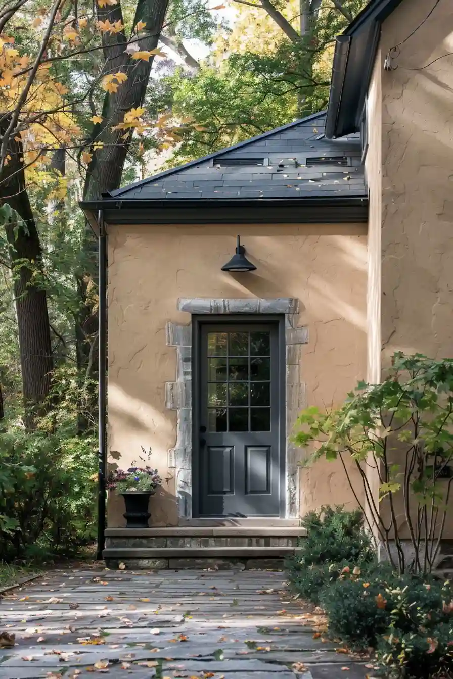 Charcoal gray front door on tan house