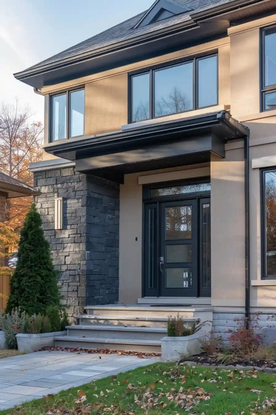 Tan house with charcoal gray front door