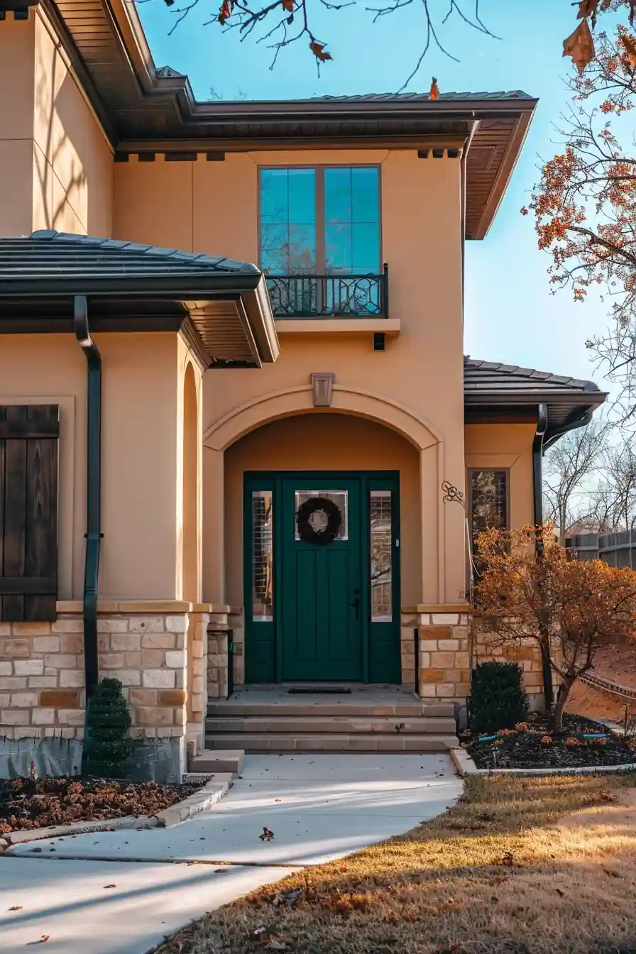 Forest green front door on tan house
