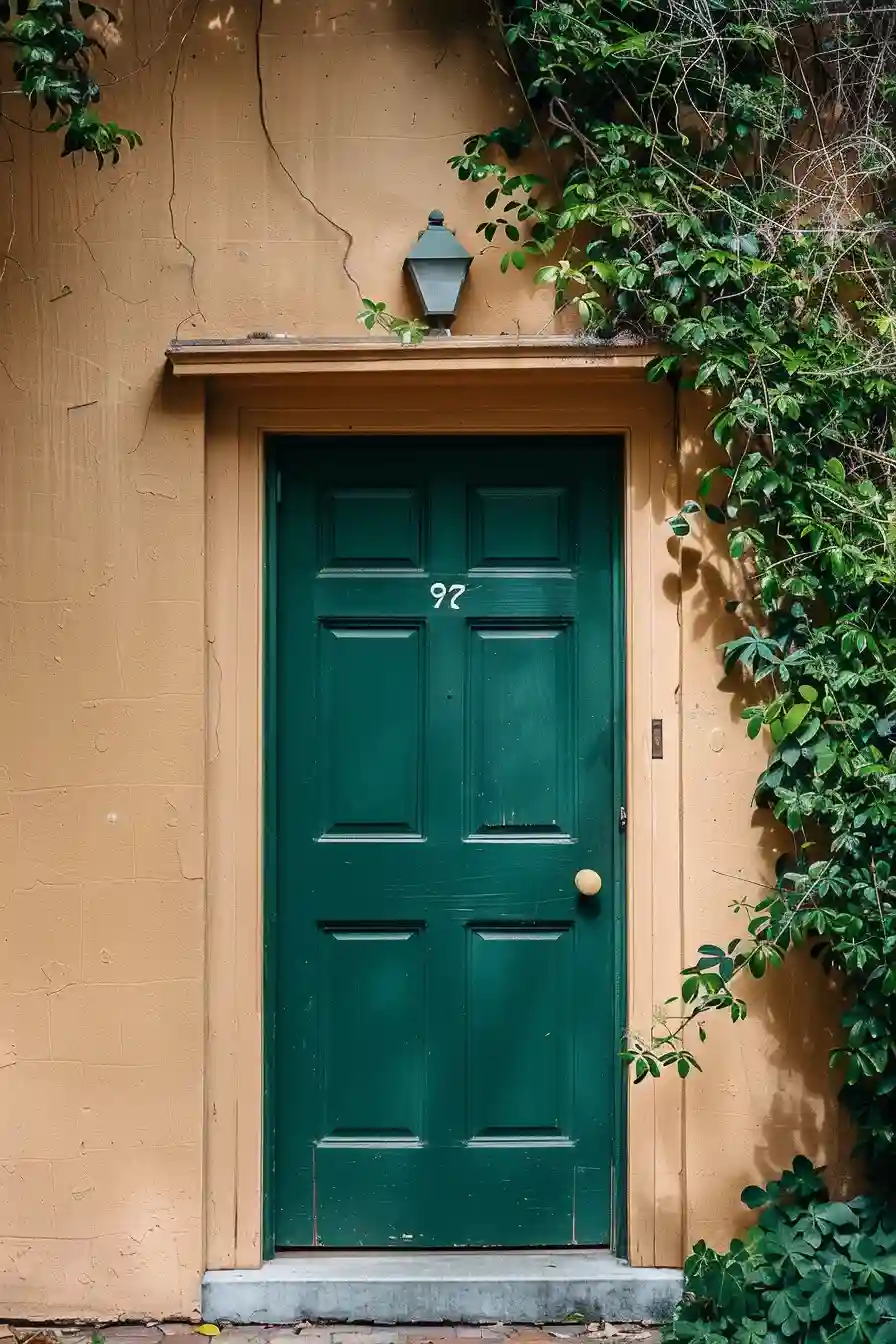 Tan house with forest green front door