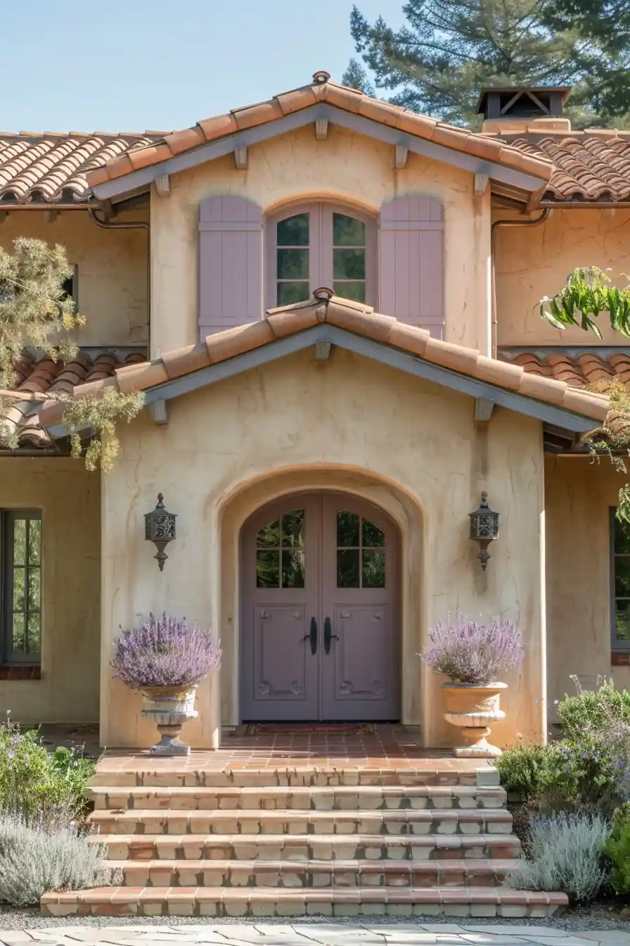 Lavender front door on tan house