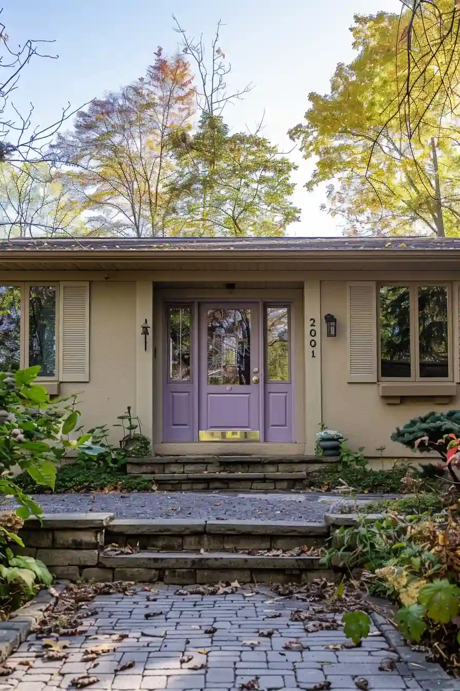 Tan house with lavender front door