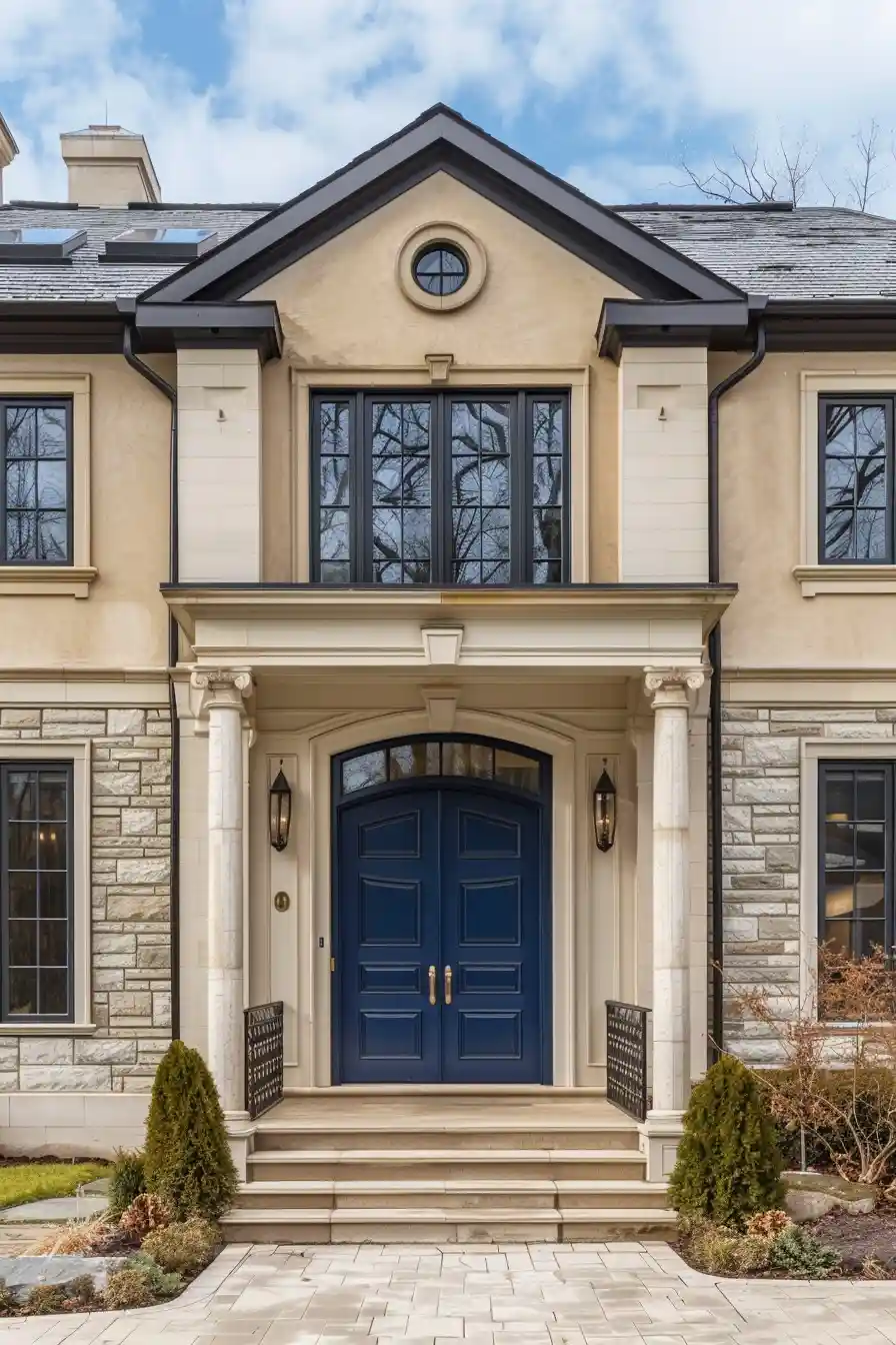 Navy blue front door on tan house