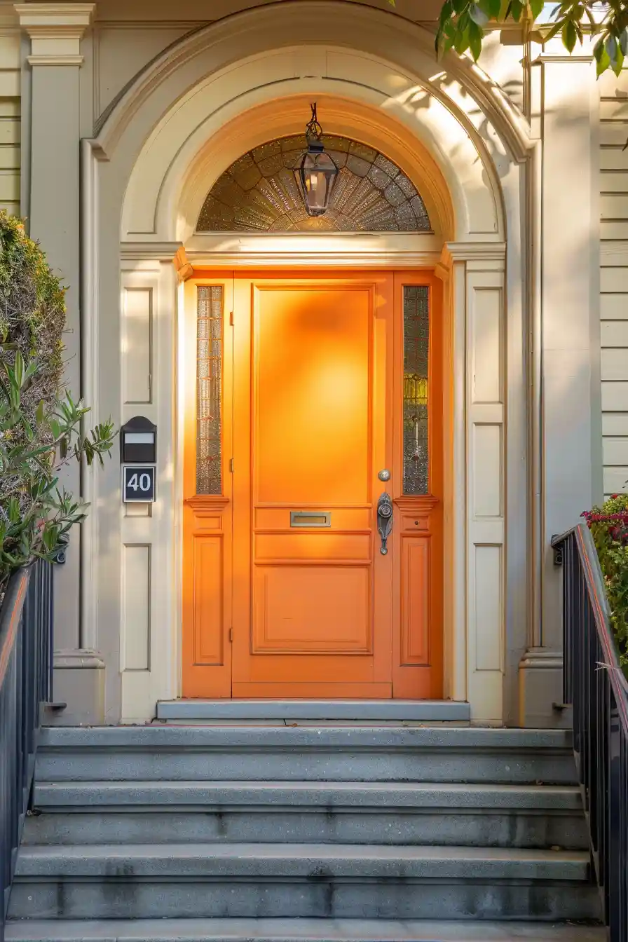 Orange front door on tan house