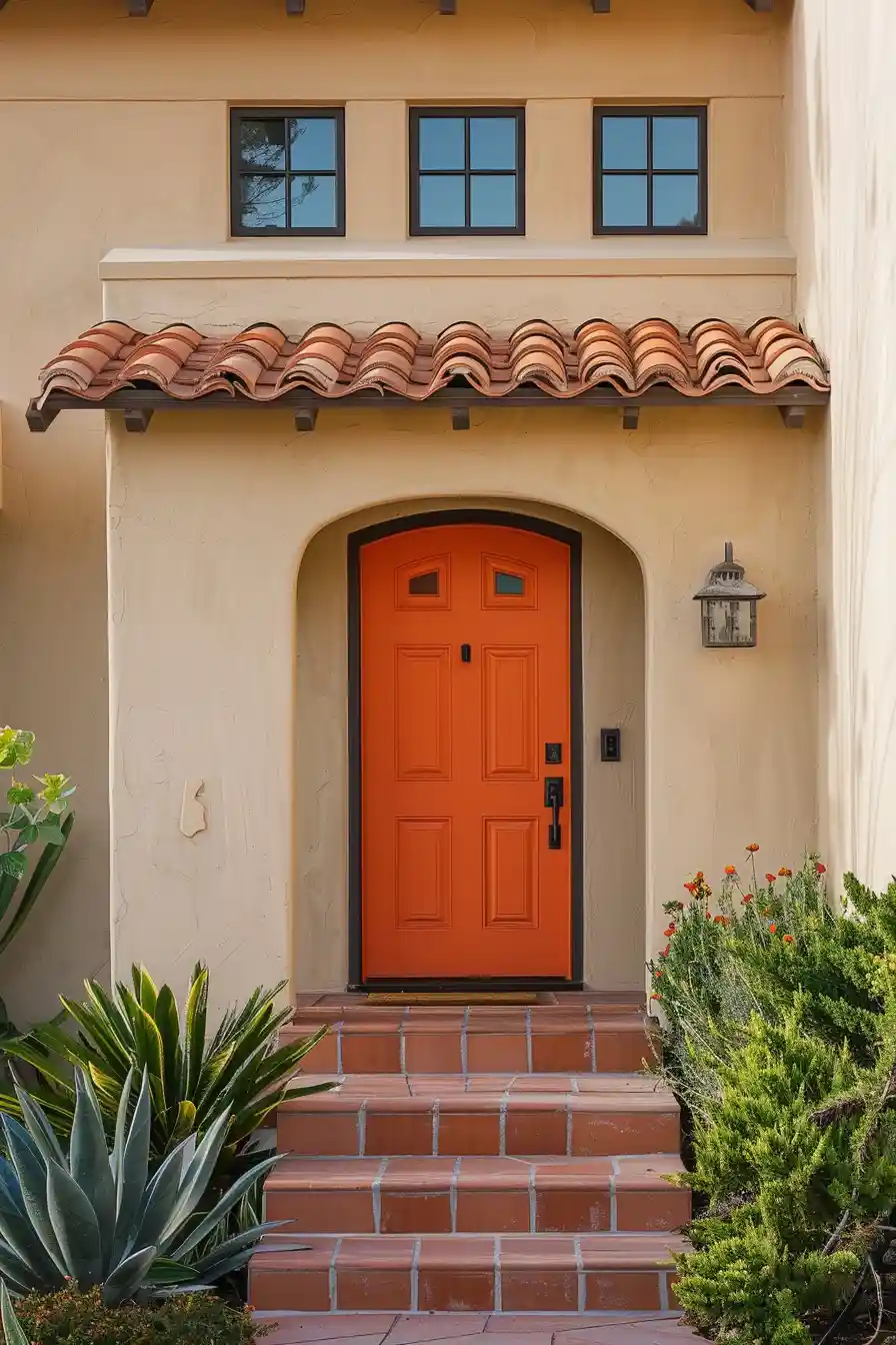 Tan house with orange front door