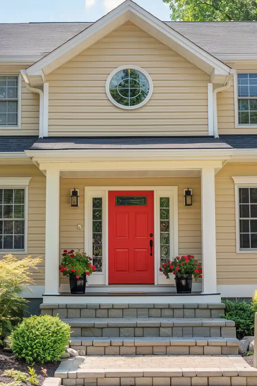 Red front door on tan house