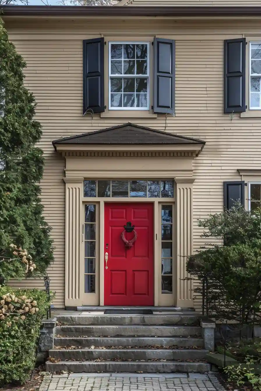 Tan house with red front door