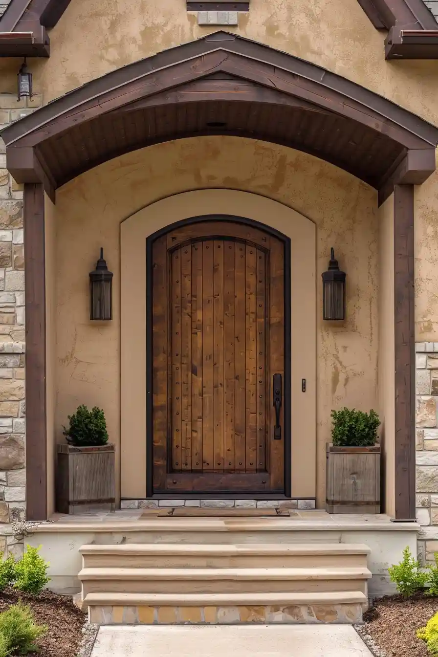 Rustic brown front door on tan house