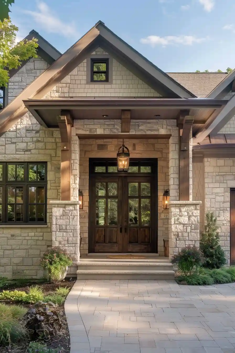 Tan house with rustic brown front door
