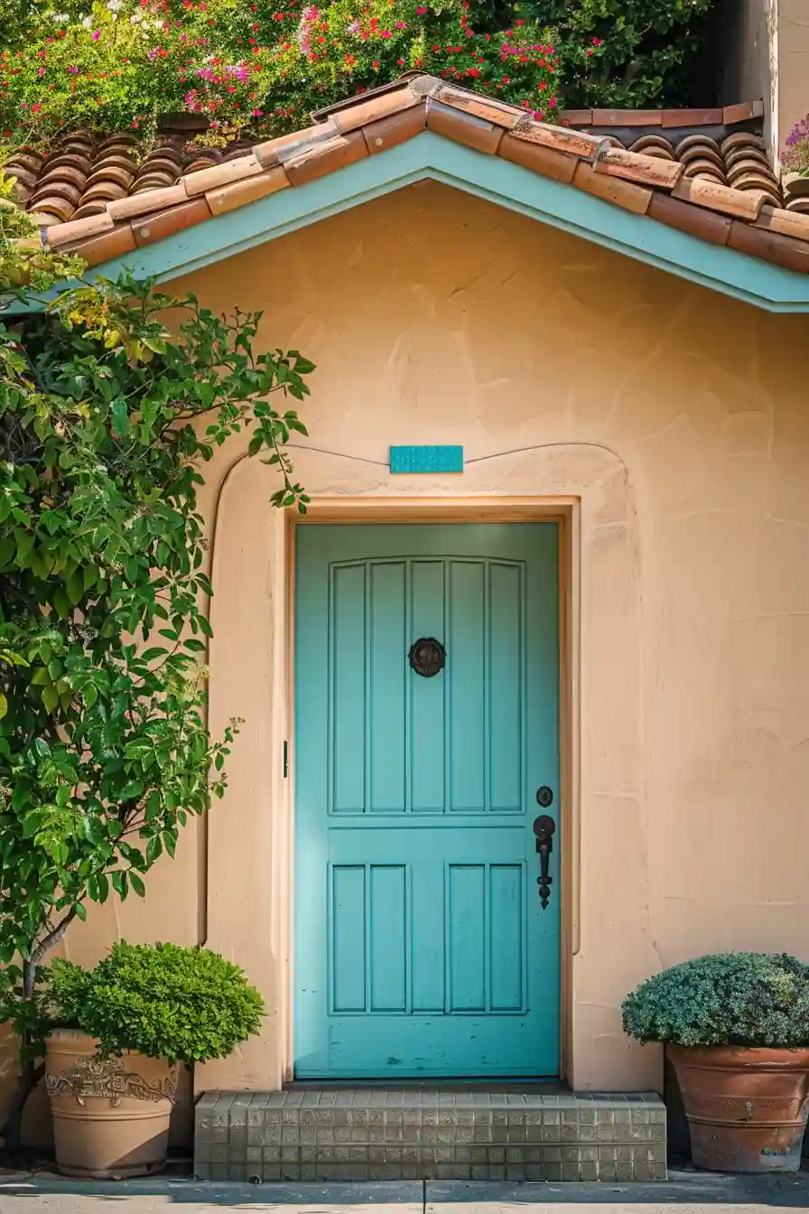 Turquoise front door on tan house