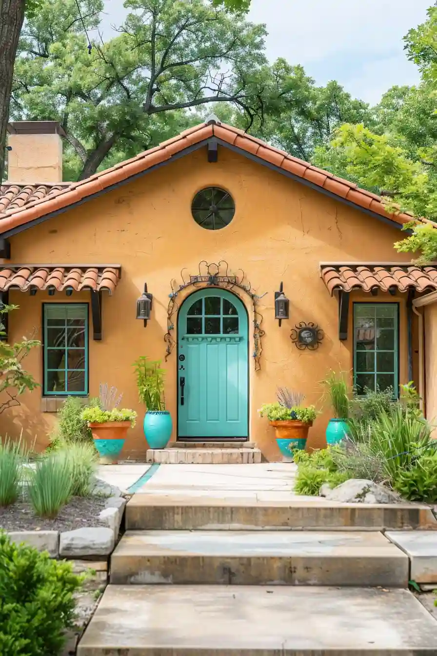 Tan house with turquoise front door