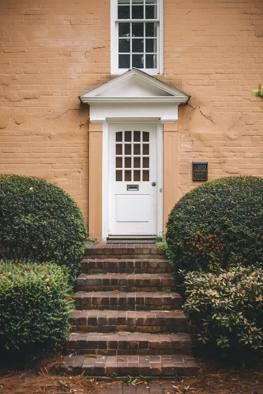 White front door on tan house