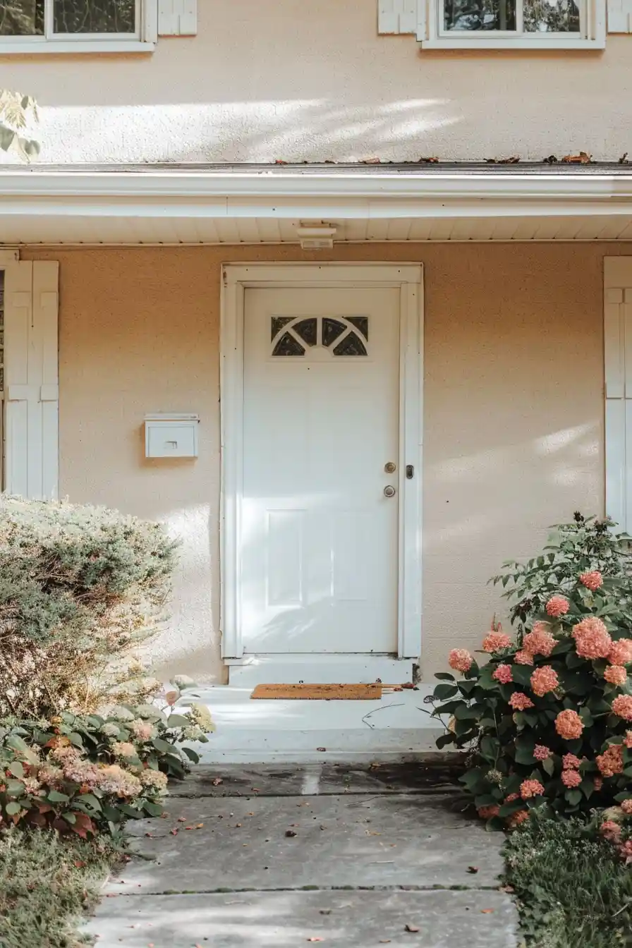 Tan house with white front door