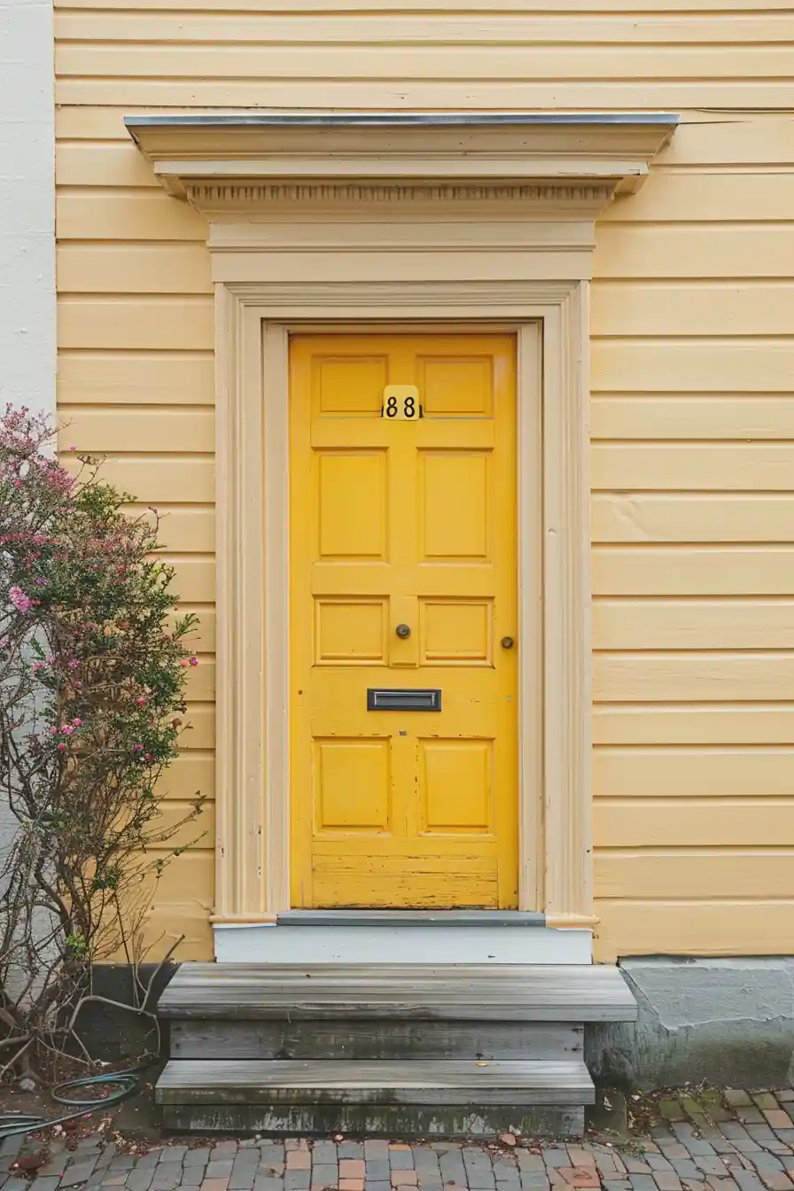 Yellow front door on tan house