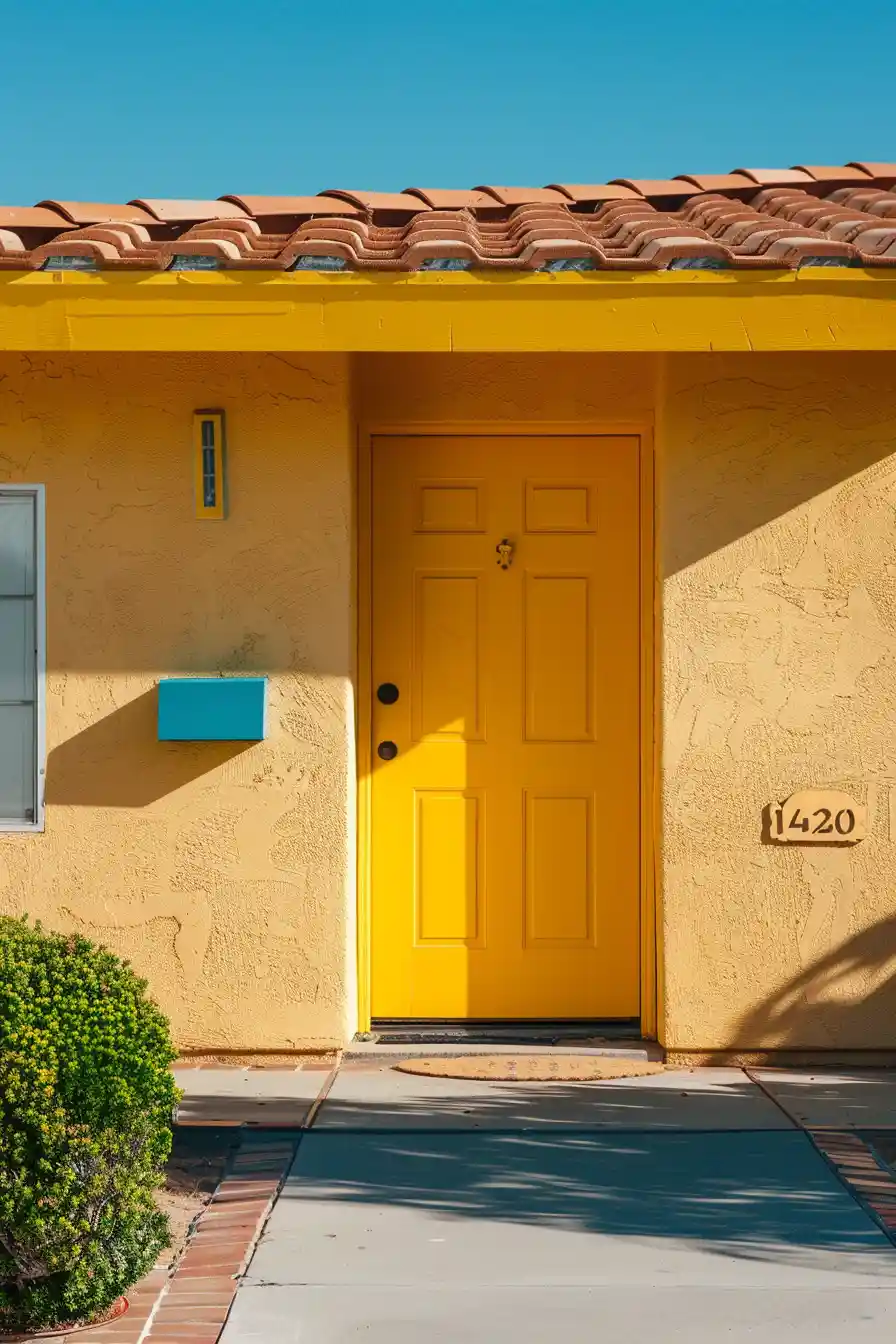 Tan house with yellow front door