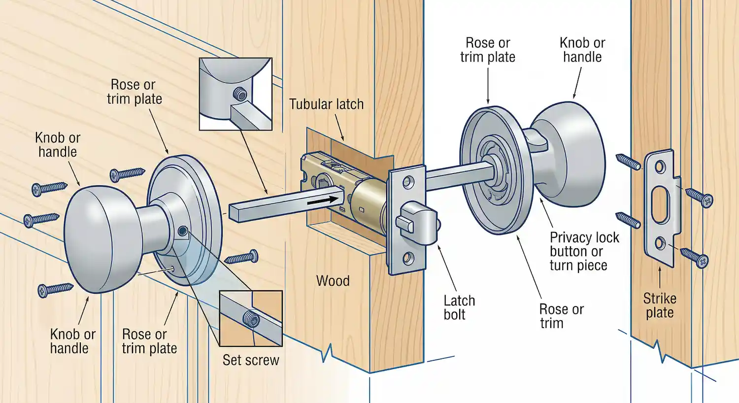 exploded view diagram of the parts of a door knob